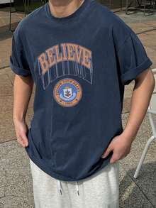 DAZY 男士字母印花蓝色圆领T恤，夏季 - 藍色 - 查看 6