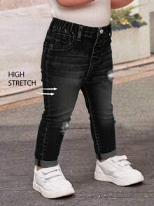 SHEIN Baby GirlBlue Denim Ripped Stretch Skinny Pants - Black - View 1