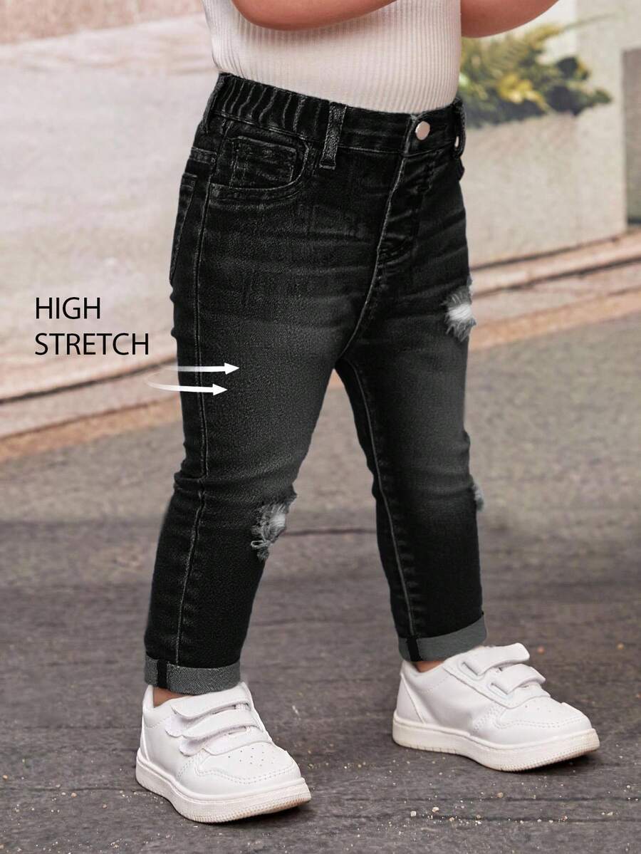 SHEIN Baby GirlBlue Denim Ripped Stretch Skinny Pants - Black - View 1