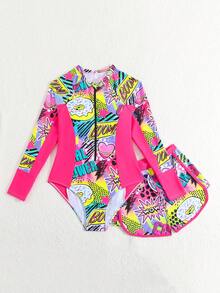 SHEIN GraphicGems Tween Girls Graffiti Print Zip-Up Long Sleeve Rash Guard Swimsuit With Shorts,Pink Cute Summer Beach Holiday 2 Piece Modest Swimwear Set For Youth - Multicolor - View 5