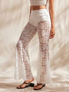 Easelle Vintage Boho Loose Design Embroidered Lace Bodycon Flare Pants For Women Sheer Pants White Flare Pants White Wide Leg Pants - White - View 5