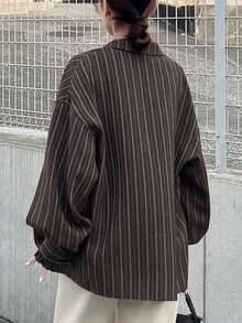 FRIFUL Women's Striped Lapel Drop Shoulder Long Sleeve Loose Casual Versatile Shirt, Autumn/Winter - Brown - View 5