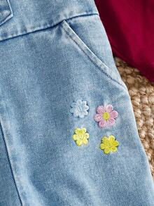 SHEIN Vintaside Kids 2件套女婴2025春秋季白色长袖T恤+牛仔背带裤休闲时尚套装，百搭