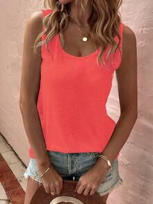 EMERY ROSE New Vintage Fashion Casual Basic U-Neck Neon Red Tank Top - Red - View 4