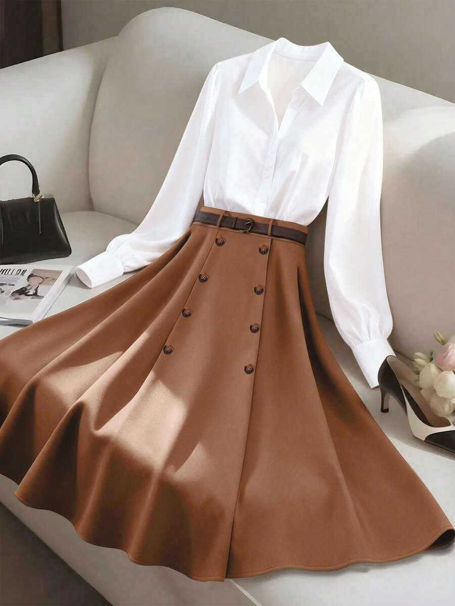 GlowEve CURVE Plus Size Women's Elegant Commuter, Decorative Button, Belt, A-Line Suede Skirt - Brown - View 1