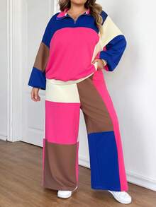 SHEIN CURVE+ 2 Stücke Set Damen Große Größen Lässig Patchwork Loose Fit Langarm Halb-Reißverschluss Hoodie und Weite Bein Jogginghose, Streetwear, Freizeitmode, Loungewear, Herbst/Valentinstag - Verschiedenfarbig - Übersicht 3