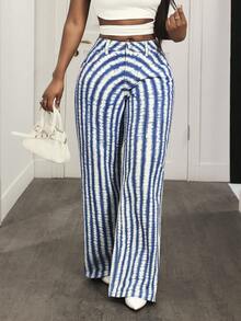 Slaydiva Women's Casual Fashion Street Vacation Style Striped Tie-Dye Print Loose Wide-Leg Jeans - Blue - View 6