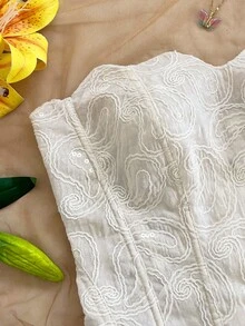 Soleia 性感露肩蕾丝双层修身束身胸衣上衣，镂空刺绣，适合度假、夜店、婚礼宾客、秋季穿着。 - 白色 - 查看 3