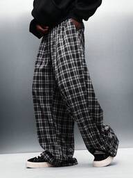 PLAYBOY X SUMWON Wide Leg Plaid Check Trousers Casual Relaxed Fit Full Length Pants Winter Fall Comfort Style