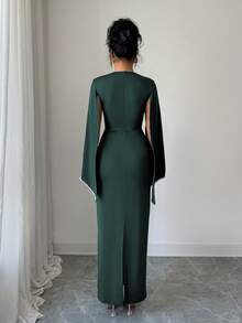 Elenzga Elegant & Refined Pearl Decor Bodycon Waist Dress For Women - Dark Green - View 2