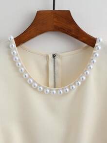 Franclia 2pcs/Set French Elegant 3D Beaded Short Sleeve Top And Layered Skirt Set, Beige, Summer Women's Outfit - Beige - View 3