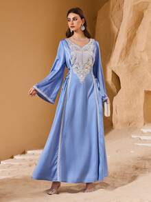 Layrah 女士优雅串珠腰带修身阿拉伯风格连衣裙 - 藍色 - 查看 3