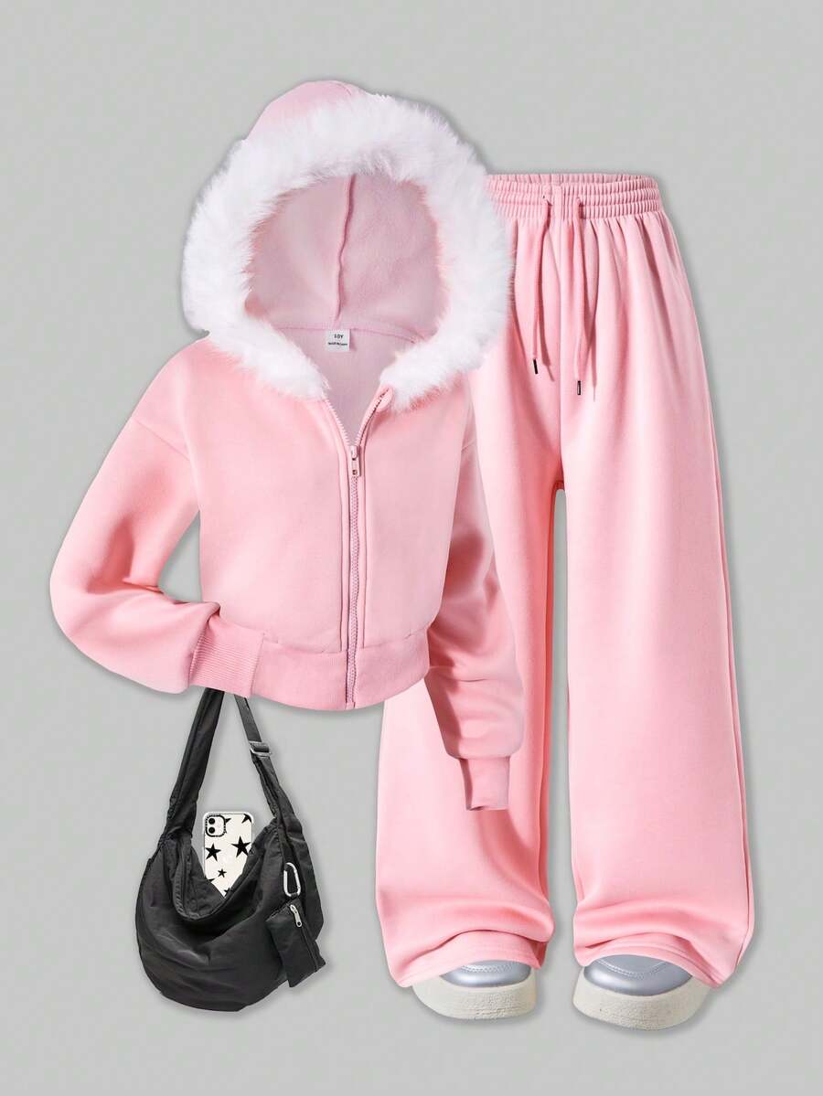 SHEIN ChillGRL Bộ đồ 2 mảnh phong cách đường phố dành cho bé gái tuổi teen: Áo khoác ngắn có mũ kéo khóa bằng vải nỉ với viền tua rua + Quần ống đứng có dây rút, thích hợp cho mặc thường ngày, đi làm, đi nghỉ mát vào mùa thu/đông. - Hồng - Xem 1