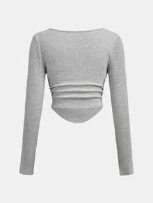 SHEIN 少女休闲街头风褶皱U领长袖罗纹针织修身T恤搭配褶裥阔腿运动裤套装，适合居家、户外和学校穿着。 - 灰色 - 查看 6