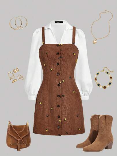 SHEIN MOD Kortklänning med broderad axel och knappstängning i manchester