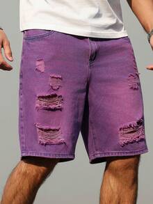 Manfinity Homme Purple Destroyed Denim Shorts For Men Straight Leg Street Casual Retro Short Design - Purple - View 7