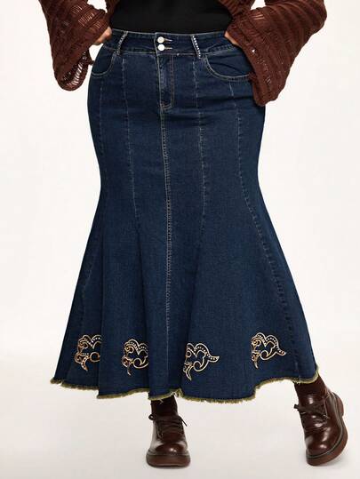 Fairycore Vintage Blumen Stickerei & Strass Dekor Damen Große Größen Denim Rock mit Meerjungfrau Saum in Midi Länge