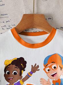 Blippi X SHEIN 男童休闲日常通勤上学风卡通恐龙字母图案撞色短袖T恤，夏季 - 白色 - 查看 5