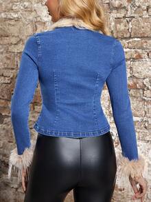 Elenzga Women's Furry Patchwork Tie Front Fashionable Versatile Vacation Travel Long Sleeve Denim Jacket - Blue - View 6