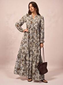 SHEIN Tall 女士春夏飘逸舒适修身印花长袖连衣裙，适合春夏穿着，V领设计，亦可作为万圣节服装、娃娃款长裙、休闲风外出服、教师装、大码长裙、秋季女装。 - 彩色 - 查看 4