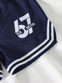 SHEIN Vacaura Set de 2 piezas con camiseta de manga corta de cuello redondo con estampado numérico y pantalones cortos deportivos estampados para niño pequeño, con decoración de cinta, adecuado para uso diario, deportes, al aire libre, escuela, fiesta, vacaciones en primavera/verano - Azul - Ver 5