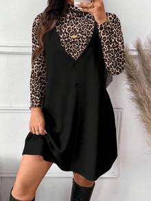 SHEIN Frenchy Bộ 2 món áo dài tay họa tiết da báo và váy yếm cỡ lớn cho nữ - màu đen - Xem 5