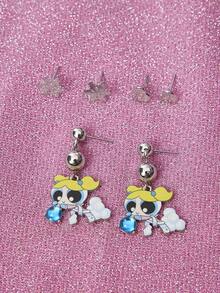 THE POWERPUFF GIRLS X SHEIN Zinc Alloy Cartoon Element Printed Stud Earrings Set, Snowflake, Heart Design, Lightweight Luxury, Casual Chic, Suitable For Parties, Concerts, Festivals - Platinum - View 2