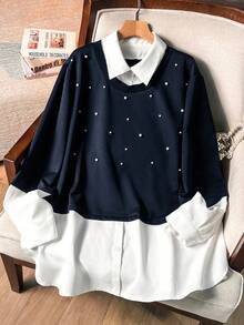 Lacomfia Women's 2 In 1 Long Sleeve Colorblock Pearl Decor Casual Comfortable Minimalist Chic Plus Size Sweatshirt - Blue - View 1