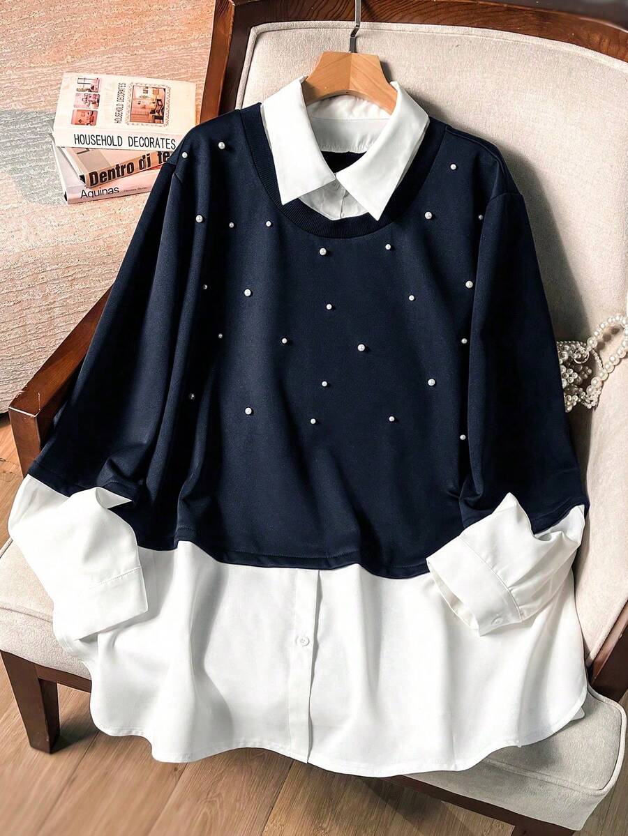 Lacomfia Women's 2 In 1 Long Sleeve Colorblock Pearl Decor Casual Comfortable Minimalist Chic Plus Size Sweatshirt - Blue - View 1