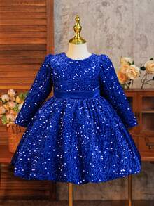 SHEIN Glamorique Kids Girls Royal Blue Sequin Princess Dress,Summer Wedding Guest Party Wear,Sparkly Puff Sleeve Christmas Birthday Pageant Gown With Oversized Bow Back - Royal Blue - View 3