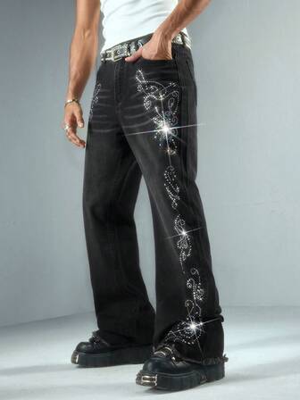 Street Life Jeans casual da uomo in denim lavato con stampa di strass finti