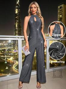 SHEIN Clasi Women's Elegant Gray High-End Cinched Waist Metallic Yarn Halter Jumpsuit,70s Retro Sparkly Wide Leg Pants For Autumn,Party,Night Out,Valentine's Day - Silver - View 3
