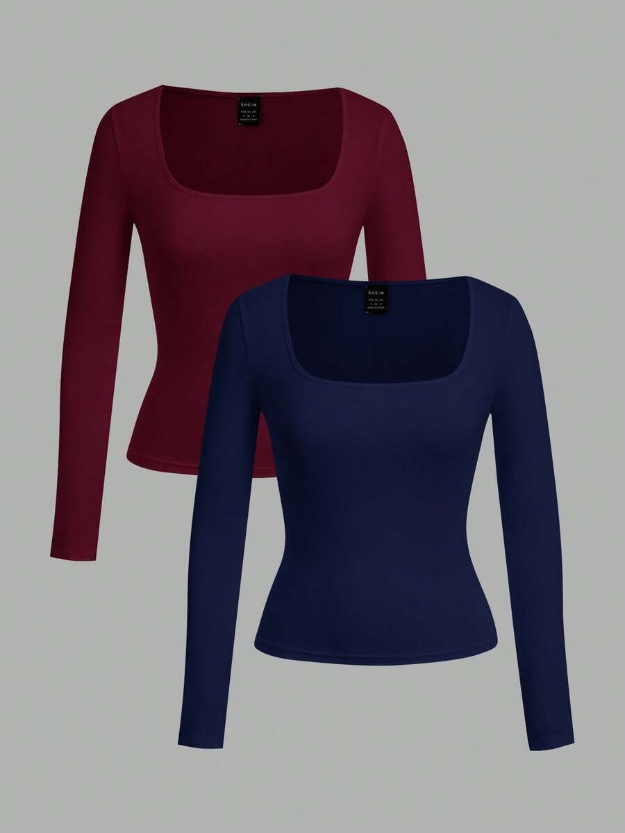 SHEIN EZwear 2 Stücke Damen Lässig T-Shirt Set mit quadratischem Ausschnitt und Slim Fit Langarm - Verschiedenfarbig - Übersicht 1