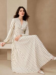 Graceveil Polka Dot Long Sleeve Elegant Maxi Swing Dress For Women - Black and White - View 1