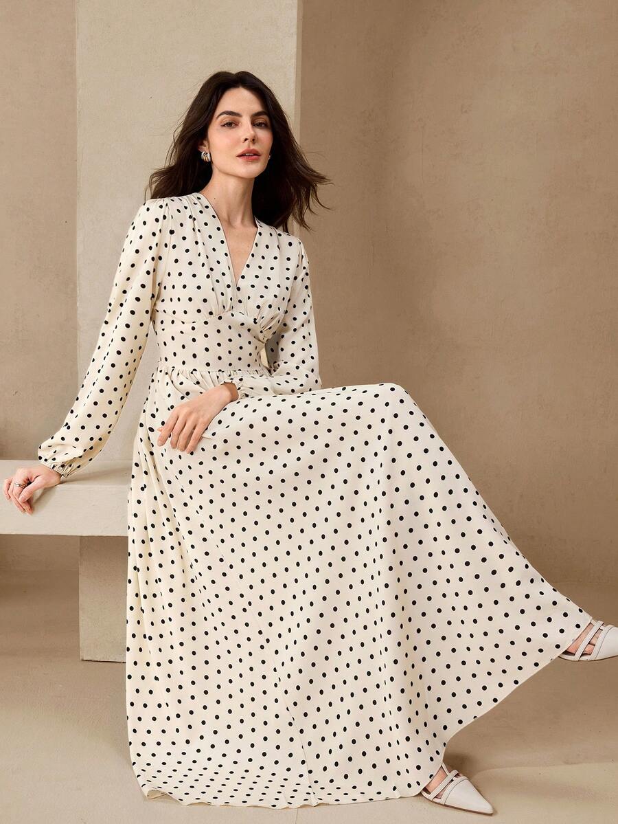 Graceveil Polka Dot Long Sleeve Elegant Maxi Swing Dress For Women - Black and White - View 1