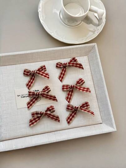 Zazumi 酒红色格子蝴蝶结发夹套装，多件装，包含刘海侧夹和鸭嘴夹，适合日常休闲、派对、特殊场合佩戴，可爱美观，时尚发饰，送给她的礼物