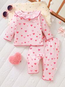 SHEIN Newborn Baby Girl White Knitted Striped Cartoon Cherry Print Pattern Lotus Collar Long Sleeved Top Paired With Matching Pants Cute, Sweet, Elegant, Comfortable Fabric Suitable For Home And Outdoor Activities Baby Girl Heart Outfit Baby Girl Clothes Heart Baby Girls Clothing Born Baby Girl Clothes Strawberry - Pink - View 2