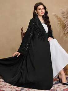 Al Najma Women's Fashionable Minimalist Elegant Blazer Abaya, Luxurious Sequin & Embroidered Black Arabic Robe - Black - View 3