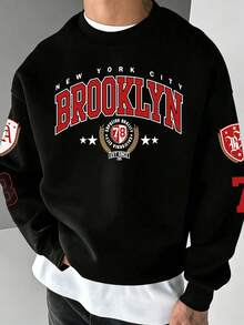 Manfinity Roughcore Plus Size Men's Brooklyn Casual Sweatshirt, Retro New York University Style, Crew Neck Long Sleeve Letter Graphic Pullover Pullover Sweatshirt, Suitable For Autumn - Multicolor - View 3