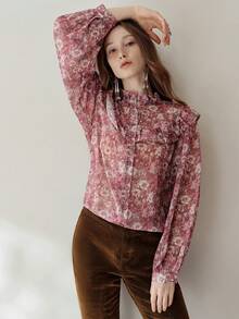 Frievida Floral Print Ruffle Trim Chiffon Blouse  - Multicolor - View 4