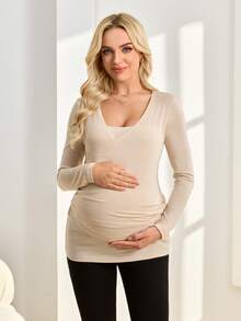 SHEIN Top de enfermería de manga larga, diseño 2 en 1 con abertura curva, frente cruzado y superpuesto - Albaricoque - Ver 3