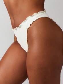 MISSGUIDED Scalloped Edge High Rise Bikini Bottom With Lettuce Hem Detail Summer Beach Swimwear Cheeky Coverage - White - View 6