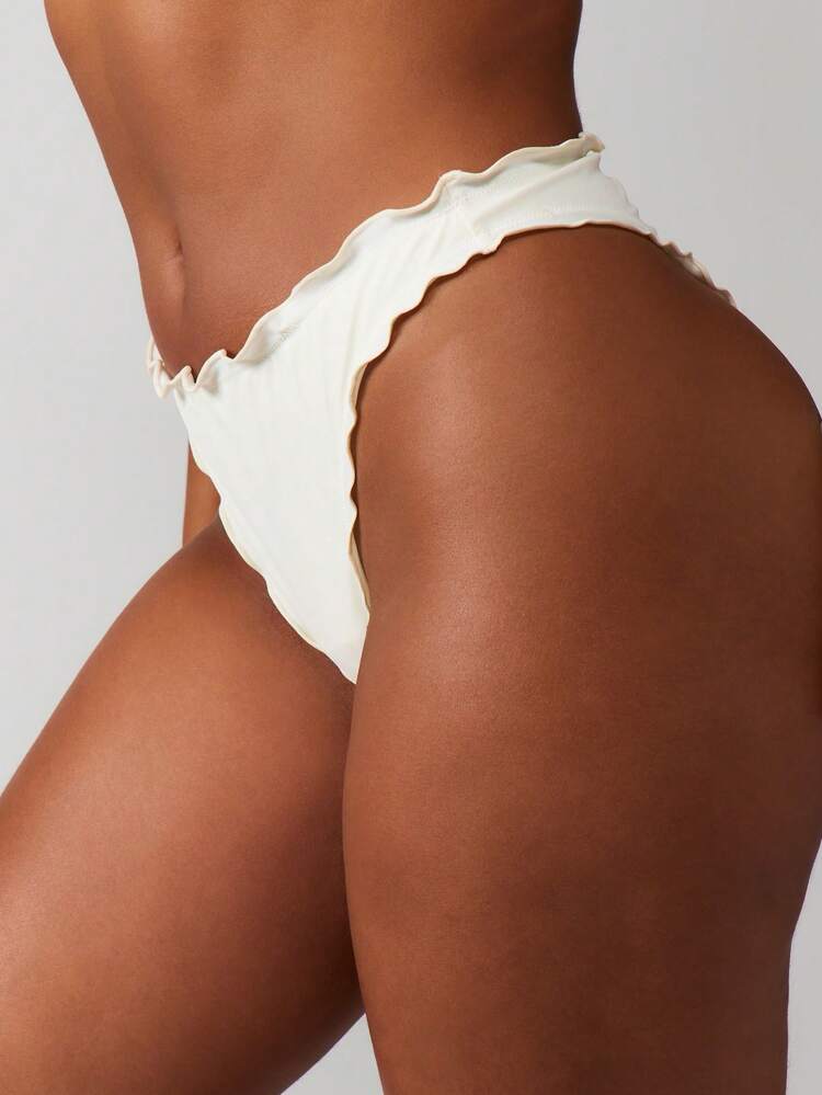MISSGUIDED Scalloped Edge High Rise Bikini Bottom With Lettuce Hem Detail Summer Beach Swimwear Cheeky Coverage