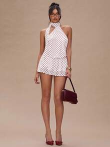 SHEIN BAE Gaun Tanpa Lengan Motif Titik Bulat untuk Wanita - Red and White - View 3