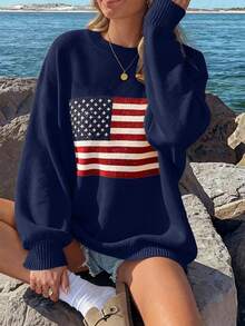 SoleilVie Flag Pattern Drop Shoulder Long Sleeve Sweater,Long Sleeve Tops, Knit Pullover Fall Winter - Royal Blue - View 3