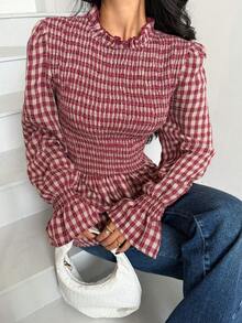 Siren Gaze Camisa casual de manga larga con cuello alto, volantes y estampado de cuadros para mujer, atuendo primaveral, atuendo de vacaciones de primavera, atuendo de San Valentín para mujer, atuendo de San Valentín, blusa casual para salir, blusas casuales para mujer, top rojo