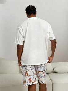 HARRY POTTER X SHEIN Bộ đồ ngủ tay ngắn in chữ và cú hoạt hình mùa hè cho nam và quần short - trắng - Xem 2