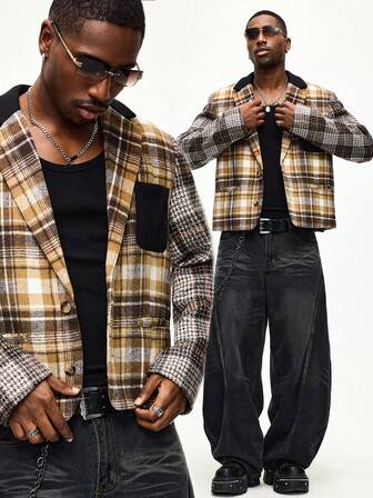 Street Life Blazer da uomo in lana mista a quadri e patchwork a maniche lunghe