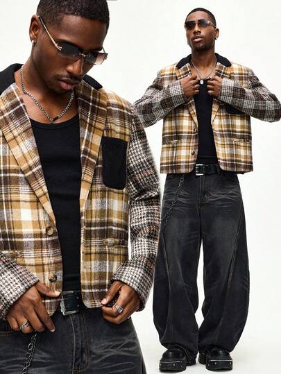 Street Life Blazer de lana con mezcla de estampado a cuadros de manga larga para hombre