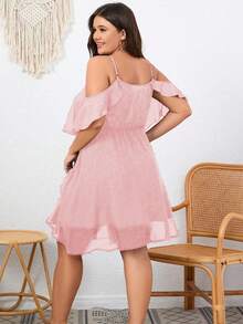 Flouryn 大码优雅纯色露肩吊带连衣裙，夏季 - 淺粉色 - 查看 2